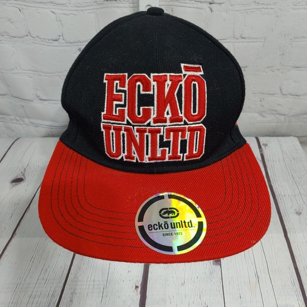 Ecko Unltd Men's Flat Bill Adjustable Snap Back Baseball Hat Black &Red - Picture 2 of 7